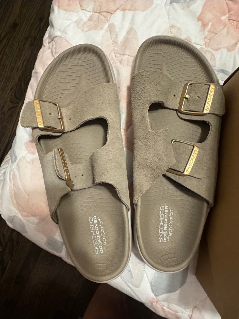 Skechers Taupe Suede Double-Buckle Slide Sandals